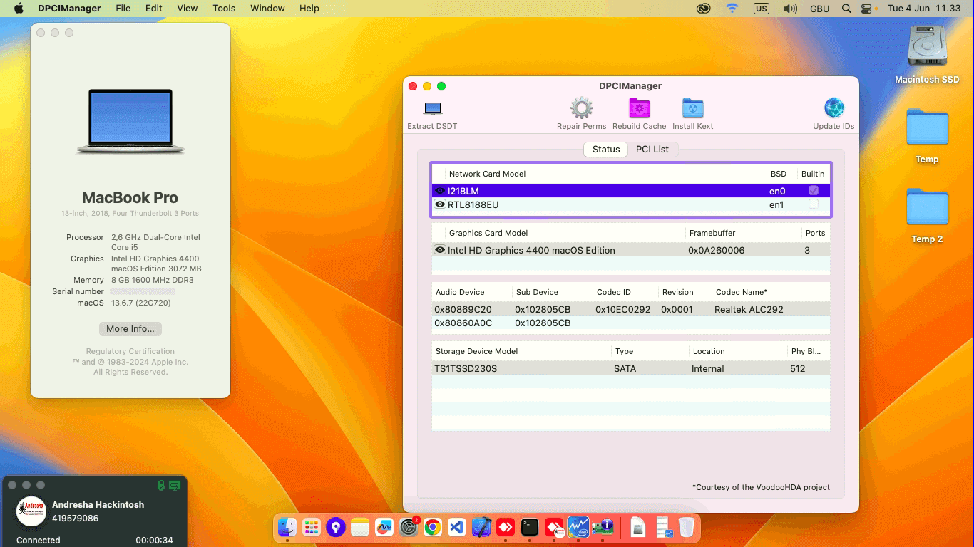Success Hackintosh macOS Ventura 13.6.7 Build 22G720 in Dell Latitude E7440
